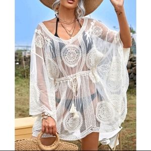 Boho Tie Waist Embroidered Mesh Cover Up